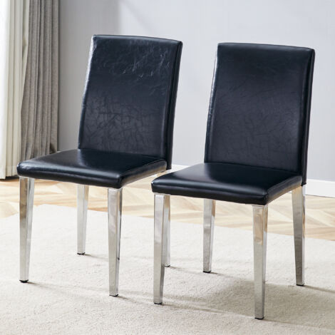 [2e ensemble de chaises minimalistes pour les salons] Un luxe européen dans une couleur noir et argenté : cuir PU noir + pieds métalliques en argent. (1/5)