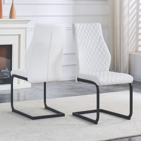 [2e ensemble] Chaise de salle à manger avec motif blanc en losanges : dossier haut + coussin confortable pour le siège. Cadre métallique noir, résistant aux glissements et durable. (1/5)