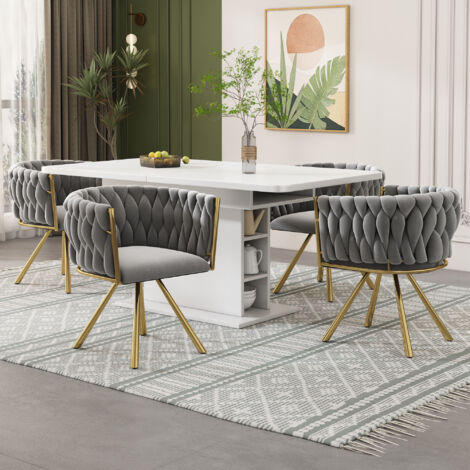 Chaises pivotantes pour les pièces à vivre et les chambres à coucher. Conçues en métal, ces chaises pivotantes sont dotées de quatre pieds de soutien. Couleur gris et or. (1/5)