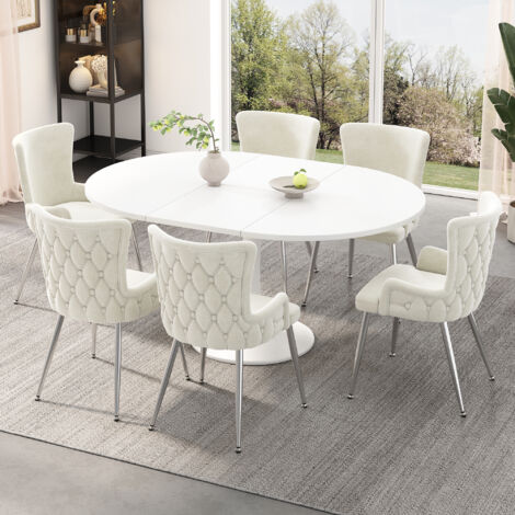 Fauteuil de salon Samt-Esszimmer, set de 6 pièces. Un fauteuil luxueux pour le salon et la chambre à coucher. Il est doté de quatre pieds métalliques en argent. Couleur beige [Stockage ancien : N634P1 (1/5)
