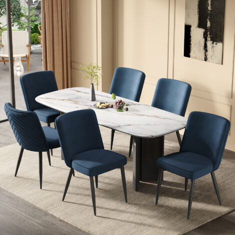 6 chaises de salle à manger. Confortables et respirantes, idéales pour les salles à manger, les salons, les cafés, etc. Style moderne. Matériau en velours, couleur bleu foncé. (1/5)