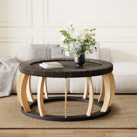 Table ronde en bois massif, en rotin, de la marque Vintage. Pieds incurvés. Style boho. Parfait pour la salle à manger, la cuisine et le salon. Couleur : noir ou marron. (1/5)
