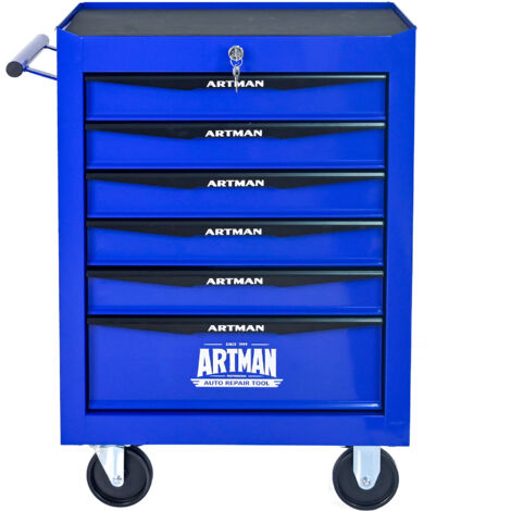 Boîte à outils en métal roulant, avec 6 tiroirs. Boîte de rangement pour les outils, dotée de poignées en billes. Boxe pour le stockage des outils en acier. Organisateur noir et bleu. (1/5)