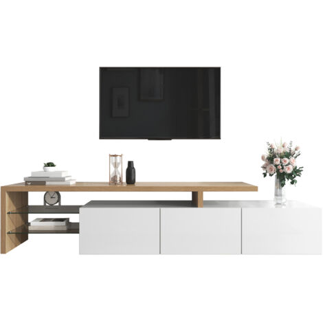 Décor moderne pour les armoires à téléviseurs : élégance stylée, espace de rangement pratique. Couleur blanche brillante, finition en bois, plans en verre. Éclairage par LED. (1/5)