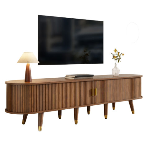 Armoire de télévision de 175 cm de haut, avec porte coulissante en rotin. Finition en bois de walnut. De nombreuses compartiments pour ranger des objets divers. (1/5)