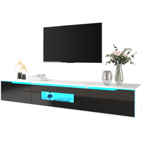 Meuble de télévision, en acier poli, conçu pour s’accorder avec les couleurs noir et blanc. Il est équipé d’un éclairage LED qui change de couleur au fil du temps. (1/5)