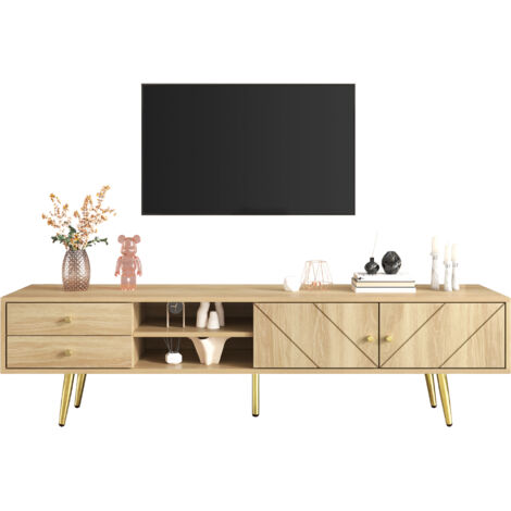 Tiroir de télévision de 160 cm, avec des pieds en or. Il comporte deux compartiments et des portes de forme unique. (1/5)