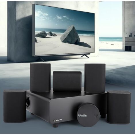 5.1 Système home cinéma sans fil compact – Milan Surround Sound Set, WISA Low Latency. Le meilleur rapport qualité-prix pour les petits salons et appartements. Couleur noire.