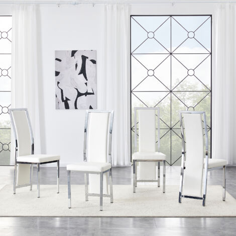 [4er Set] Chaises de salle à manger minimalistes européennes. Cuir en PU blanc + cadre métallique brillant en argent. Hauteur : 109 cm. Parfaites pour divers utilisations : salles à manger, bureaux, e (1/5)