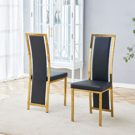 [2e Set] Chaises à style minimaliste européennes, avec des bordures en or. Cuir noir de PU + cadre métallique doré. Hauteur : 109 cm. Parfaites pour divers environnements tels que les salons, les bure (1/5)