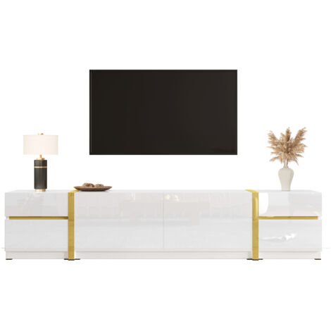 Meuble de salon luxueux pour téléviseur : meuble de rangement pour la télévision, finition en matériau brillant, bordures de couleur dorée. Comprend des compartiments et des portes. (1/5)
