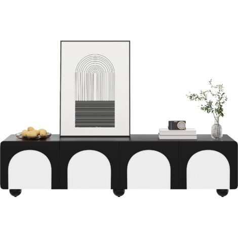 Tiroir de télévision avec deux compartiments et deux portes. Meuble destiné au rangement des appareils électroniques. Design classique en noir et blanc. Dimensions : 180 x 38 x 45 cm (longueur x large (1/5)