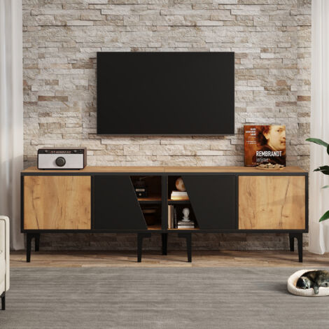 160 x 36,5 x 45 cm. Armoire pour téléviseur destiné à la salle de séjour,avec 4 compartiments.Les plans de travail sont munis de 7 pieds de soutien. Couleur en bois naturel. (1/5)