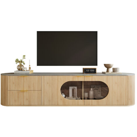 Armoire de télévision moderne et minimaliste, en bois. Les portes de l’armoire sont dotées de bandes 3D verticales. Armoire ovale en verre gris. Espace de rangement divisé en plusieurs zones. Armoire (1/5)