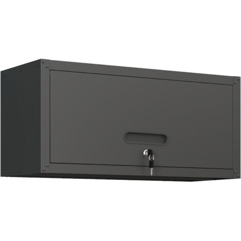Armoire métallique polyvalente, installée au mur. Elle comprend un tiroir avec porte fermante. Il y a également une niche pour les outils en acier, suspendue au-dessus de l’armoire. (1/5)