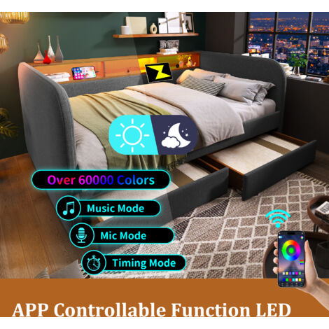 (AB20754142G) Canapé-lit, dimensions 140 x 190 cm. Ce canapé-lit est équipé d'une lampe LED rechargeable et d'un port USB-C. Il dispose de deux tiroirs et d'un espace de rangement à l'arrière. Gris (m (1/5)