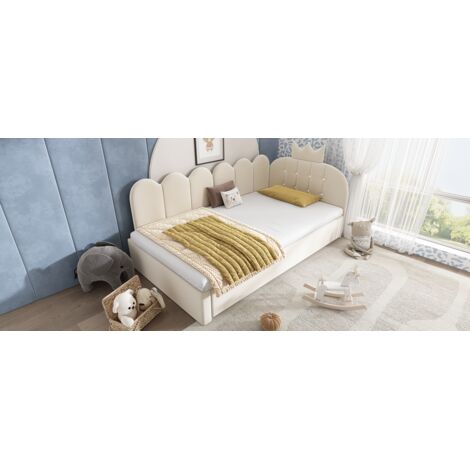 Canapé et lit de 90x200 cm. Lit séparable pour enfants : dimensions 90x190 cm. Lit d’appoint pour les invités. Forme en L. Tissu en velours, couleur beige. Design avec des barres métalliques décorativ (1/5)