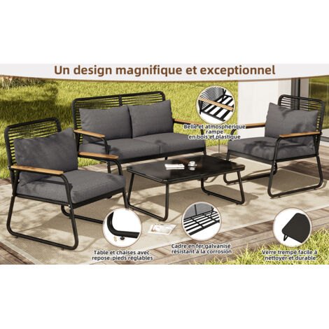 Set de salon et de meubles pour 4 personnes. Le cadre est fait de fer en zinc. La surface du plateau est en verre durci. Les pieds peuvent être ajustés à la volonté. (1/5)