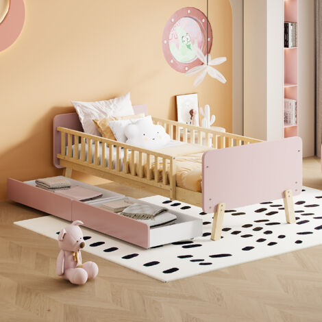 Lit bébé de 90x190 cm, avec 2 tiroirs. Lit individuel en bois massif, avec sommier à lattes. Couleur rose. (1/5)