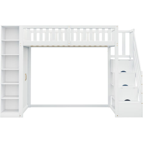 Lit mezzanine multifonctionnel en bois massif avec escalier, rangements et armoire cadre de lit gain de place pour les chambres d'enfants.