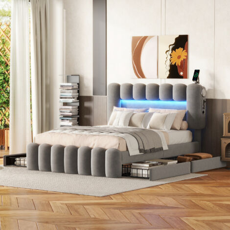 Lit coffre rembourré style pouf avec éclairage LED intégré, lit tiroir avec port de chargement, cadre de lit double en tissu pour chambre à coucher. (1/5)