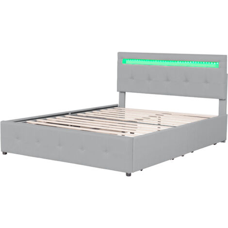 Lit coffre hydraulique avec éclairage RGB, revêtement gris clair, cadre de lit double moderne pour chambre parentale. (1/5)