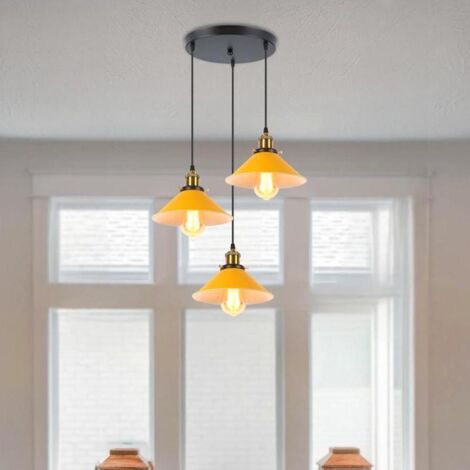 Lustre rétro à trois têtes (jaune), lumière chaude, E27, éclairage décoratif pour la maison, lampe pour îlot de cuisine, abat-jour en métal. (1/5)