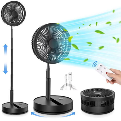 Ventilateur de sol silencieux sans fil, rétractable, portable, avec télécommande, alimenté par une batterie de 7200 mAh, écran de 8,6 pouces, noir. (1/5)