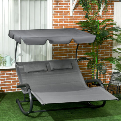 Fauteuil à bascule double Fuleadture gris foncé 200x139x140cm avec auvent, coussin et roulettes, capacité de charge 220kg pour 2 personnes (1/5)