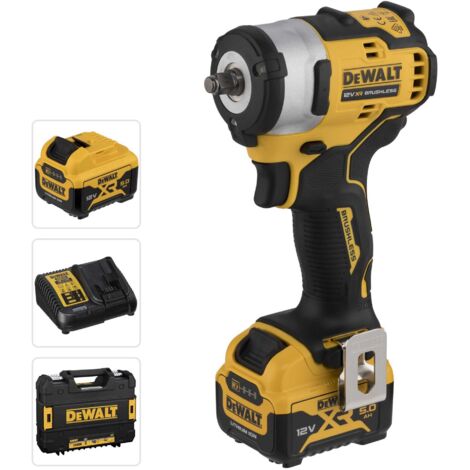 Dewalt – Clé à chocs sans fil 12V – Couple 340Nm – 2 batteries 5Ah Li-ion – Moteur sans balais – Anneau lumineux LED pour espaces confinés