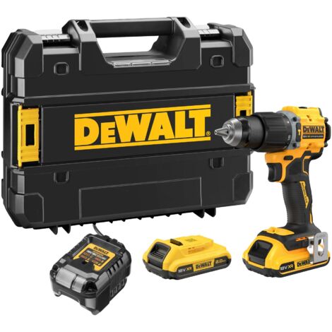 Dewalt – Perceuse-visseuse à percussion sans fil 18V avec 2 batteries 2.0Ah – Couple 74Nm – Mandrin métal à serrage rapide – Pour perçage bois 30mm et métal 13mm