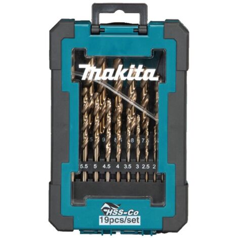 Makita – Ensemble de 19 forets HSS-CO 1-10mm – Acier M35 avec 5% de cobalt – Angle de pointe 135° – Mandrin cylindrique