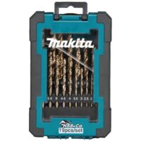 Makita – Ensemble de 19 forets HSS-CO 1-10mm – Acier M35 avec 5% de cobalt – Angle de pointe 135° – Mandrin cylindrique