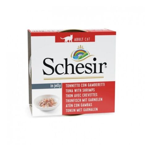SCHESIR para gatos Atún Adulto en Gelatina con Gambas 85g