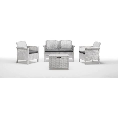Salotto da giardino Venezia con due poltrone divano e tavolino bianco in polipropilene effetto rattan da esterno