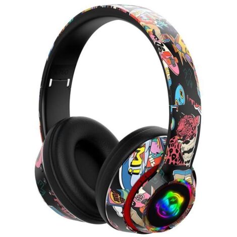 Casque stéréo sans fil Bluetooth pliable Graffiti avec lumière LED Casque Bluetooth sans Fil. (1/4)