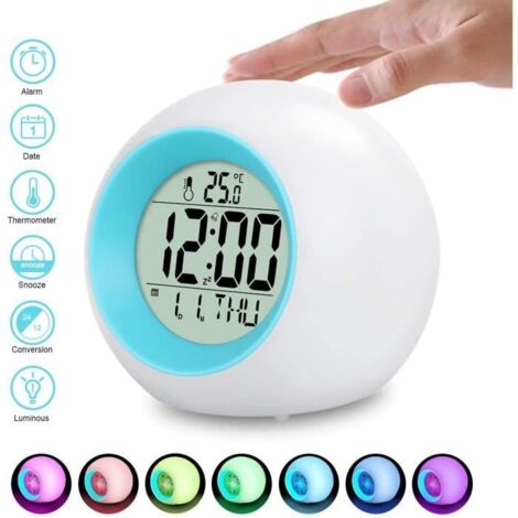 Réveil Numérique Veilleuse Lumière de 7 Couleurs Changement Horloge avec Température cadeau Enfants Bébé BLEU (1/4)