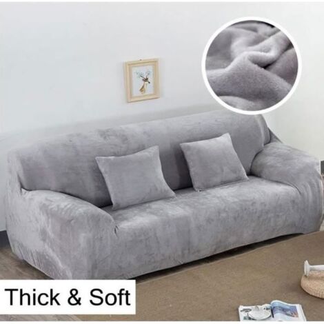 Housse de Canapé de velours 4 Places 235-300cm Élastique antipoussière souple épais Gris