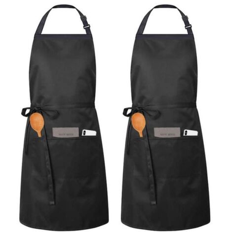Lot de 2 Tabliers de Cuisine Réglable avec 3 Poches Couleur Unie Noir (1/4)