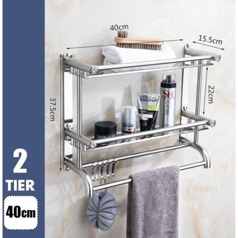 2 étage Porte Serviette Support Mural Crochet Salle De Bain Rangement Stockage 40cm (1/4)
