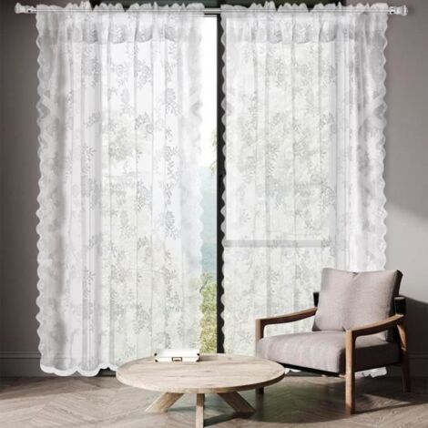 Lot de 2 rideaux blancs transparents en dentelle blanche H 200 x l 145 cm, rideau en tulle blanc avec broderie florale (1/4)