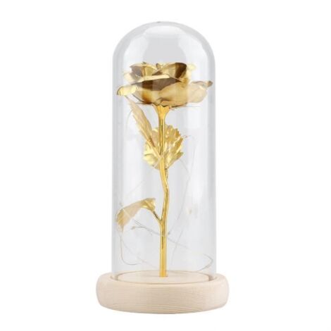 Fleur Rose Éternelle Lumière LED - Doré - Base en Bois - Cadeau de Mariage Saint-Valentin (1/4)