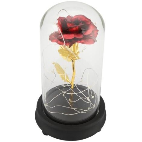 Rose Plaqué Or 24K Rose Eternelle Fleur Rose Enchantée lumière LED Rose Préservée en Dôme en Verre, cadeau de mariage (Rouge)-SEC (1/4)