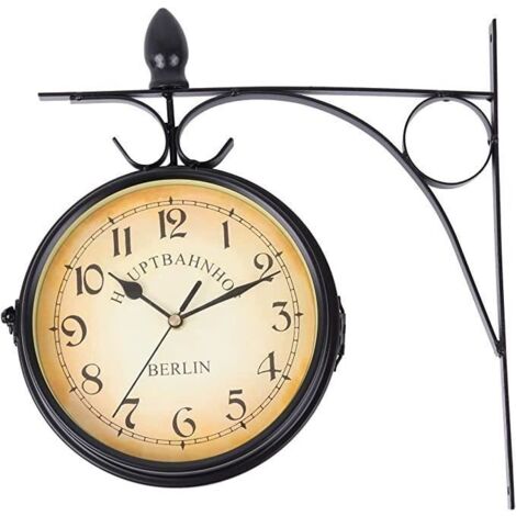 Ridgeyard Horloge de Gare Rétro, Horloge Murale Double Cadran avec Potence de Fixation Pendule Double Face pour Cuisine Cour Séjour (1/4)