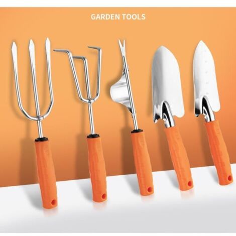 5pcs outils de plantation de jardin en acier inoxydable-Pelle Râteau Fourche-Orange (1/4)