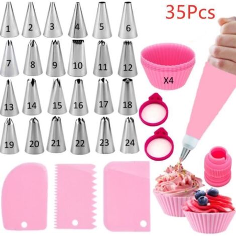 Douilles Patisserie, 24 Douilles, Poches À Douille, Coupleurs, Grattoir À Gateau, Accesoire Patiserie Gateau - 35 Pcs Rose (1/4)