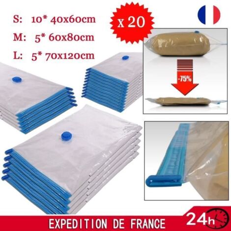 Lot de 20 sacs sous vide pour rangement - LESHP - 10S + 5M + 5L - Plastique transparent (1/2)