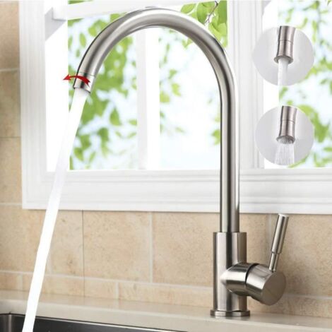 Mitigeur Robinet Evier Cascade Rotation 360° Cuisine Bain+2 Tuyaux - DEWINNER - Gris - Brossé (1/4)