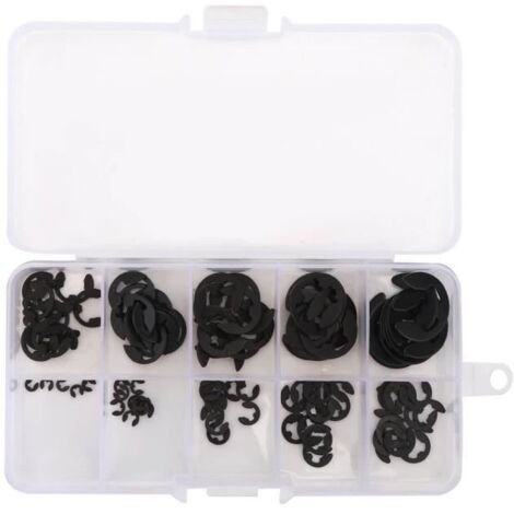 Eiffel 120Pcs E-Clip Snap Circlip Kit Anneau de retenue ouvert Acier au manganèse noir en boîte 1.5-10mm (1/4)