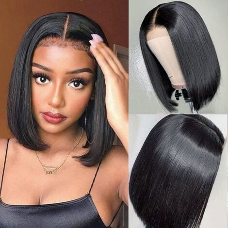 Perruque Lace Frontal Naturelle Courte Bob Lisse Perruque Bresilienne Synthétique Lace Wigs Afro pour Femmes Noires Lace .